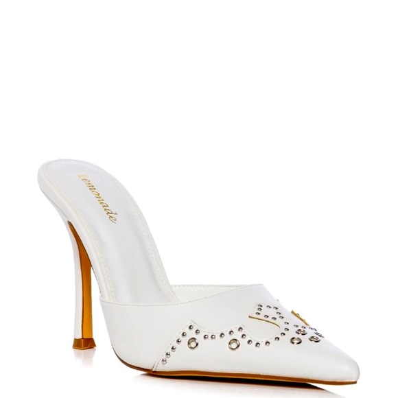 White Vegan Leather Studded Western Mule High Heel Pumps - Picture 1 of 4
